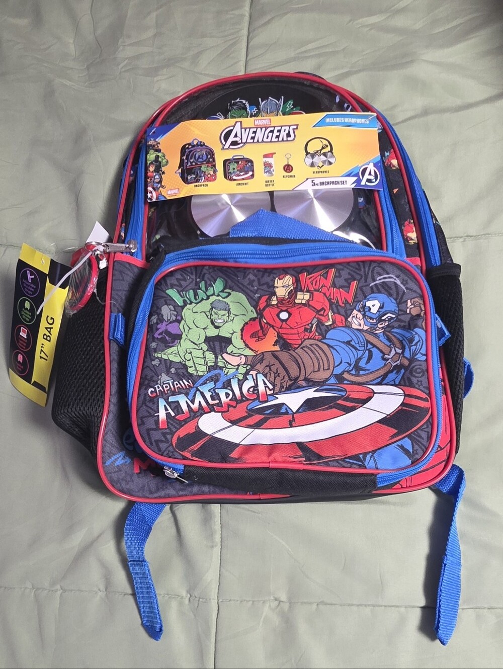 Marvel Black Backpack Set with Lunch kit, Headphones & Water Bottle